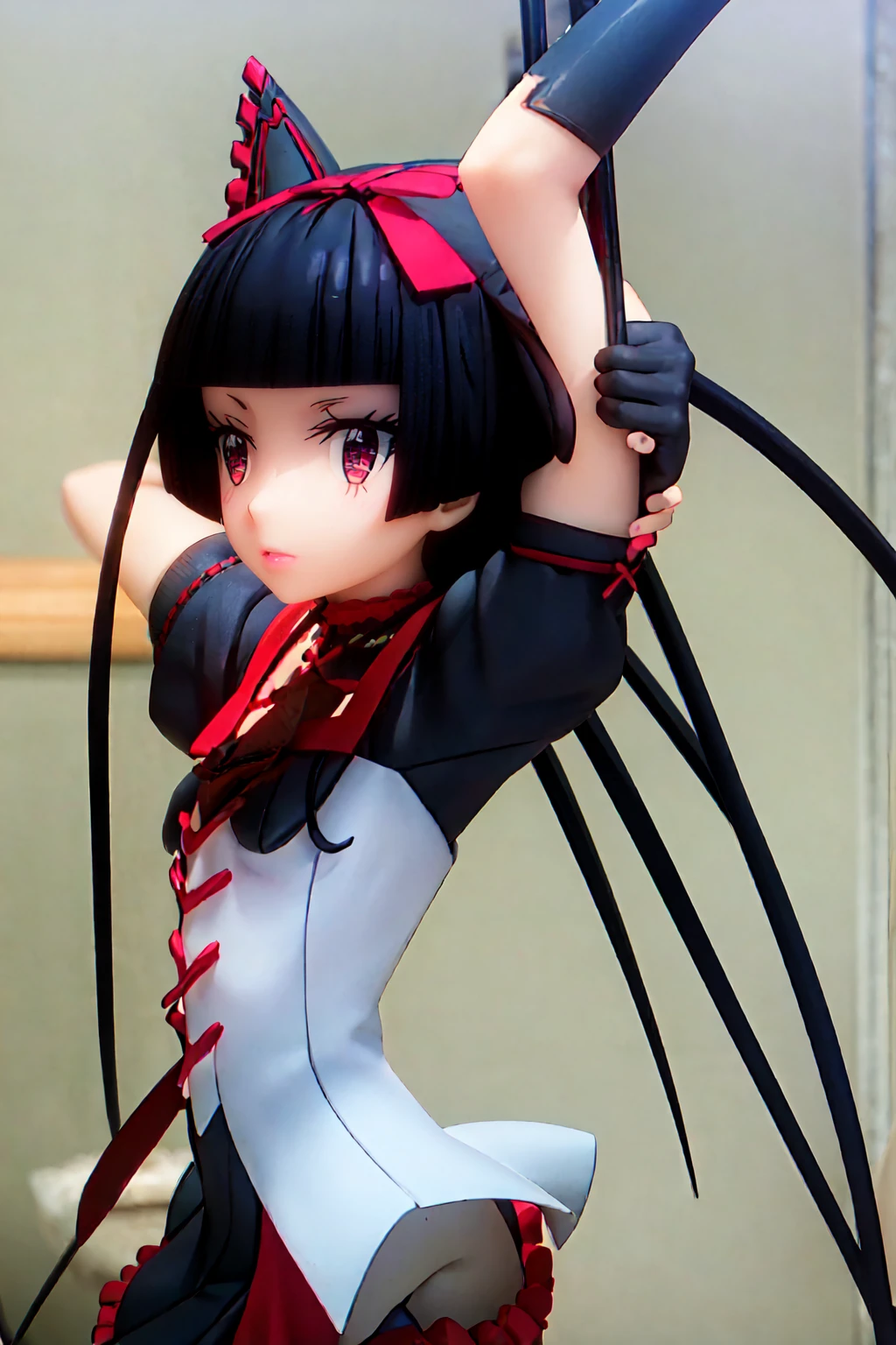 Rory Mercury, Laurie Mercury, Black Hair, Blunt bangs, Hime cut, hair ornaments, Red lipstick, Long Hair, Cute face, compensate, (Small box:1.2), (Red eyes:1.5), break Gothic underwear, Perfect body (Small breasts:1.3), break in full growth, Red Shoes, break Black Stockings, Black Gloves break, Black thighs, Garter Straps, gloves, Gothic, Hair Ribbon, Gothicファッション, puffy Short sleeve, Puffy sleeves, Short sleeve, tights, tights, looks at the viewer, break (masterpiece:1.2), Highest quality, High resolution, unity 8k wallpaper, (Illustration:0.8), (Beautiful details in the eyes:1.6), Highly detailed face, Perfect lighting, Highly detailed CGI, (Perfect Arms, Perfect Anatomy), (white background:1.5), I have nothing in my hands, 1girl, whole body, Confused eyes, White background