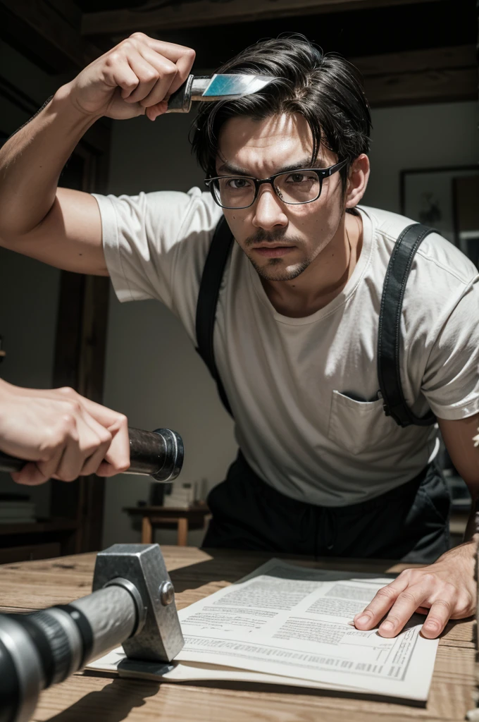 Knife a man holding a sledgehammer to hit towards an eyeglass frame in front of him on the table