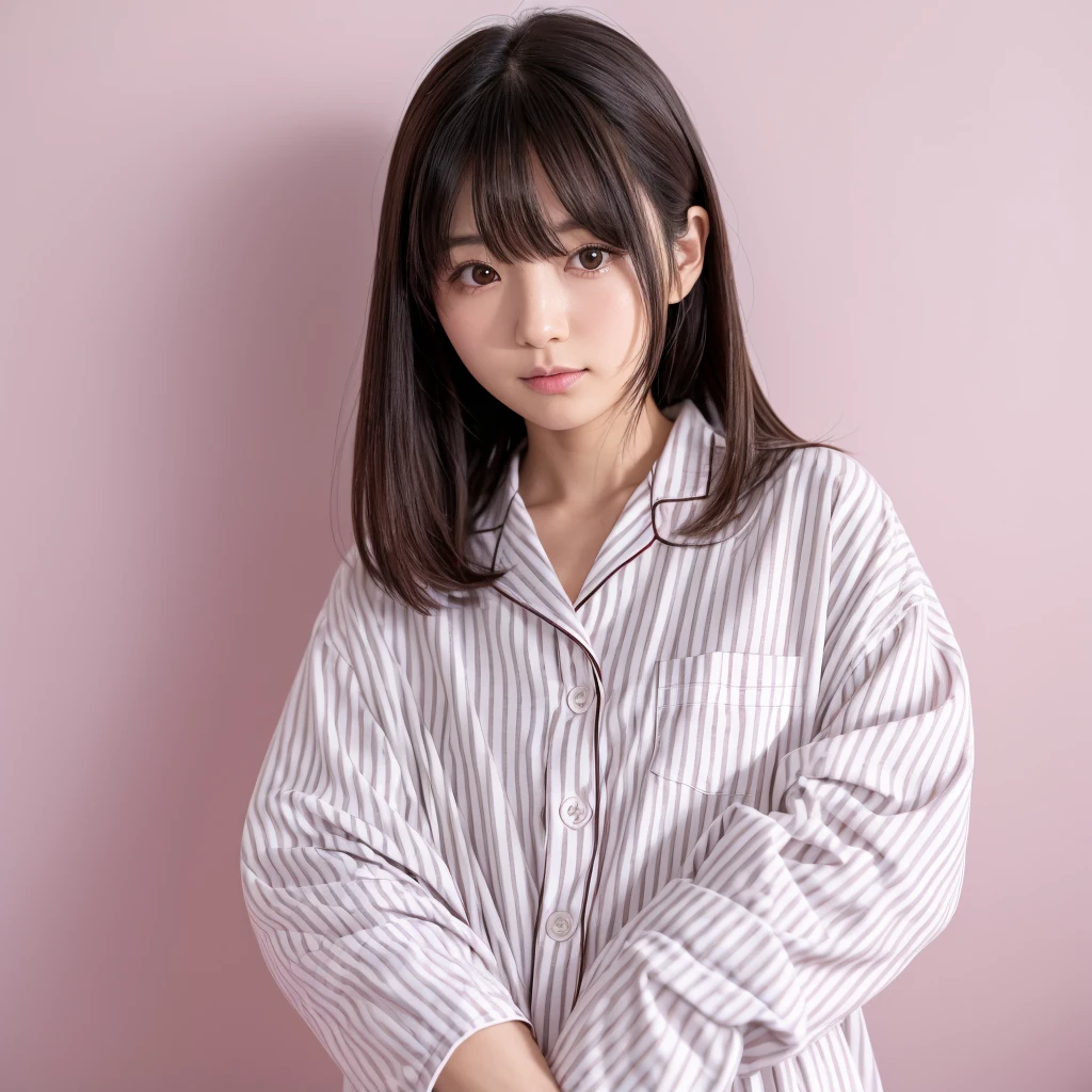 Japanese women、20th Generation、Her hairstyle is dark brown and semi-long.、She is wearing white pajamas with pink stripes、Background is a white wall、I&#39;m in my room、A little bit of cleavage is visible、My breasts are a little large、An angle that makes it seem like you&#39;re taking a photo with your phone