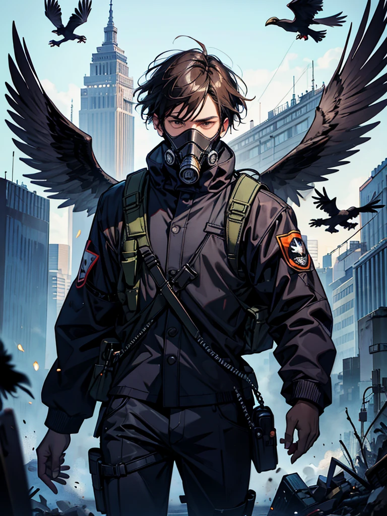 A man wearing a gas mask in the shape of a crow's head
