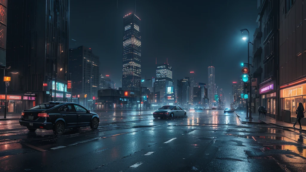 photorealistic detailed cityscape, deserted city, unmanned crossroads, ((no car:1.5, no peaple:1.5)), urban landscape, tall skyscrapers, neon lights, rainy weather, wet streets,, night sky, full moon, one bright star, cinematic composition, dramatic lighting, highly realistic, 4k, best quality, masterpiece
