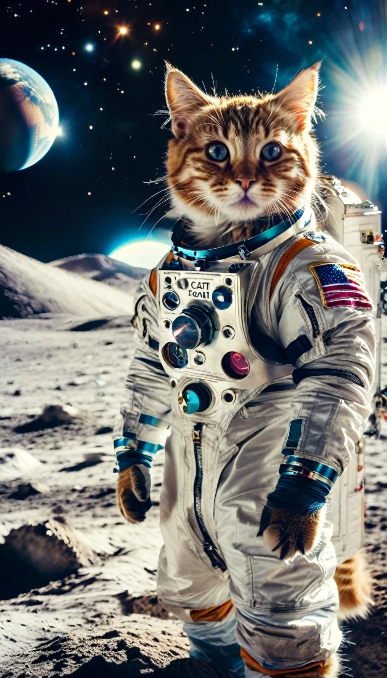 A cat in a spacesuit landed on the moon。Earth in the background。