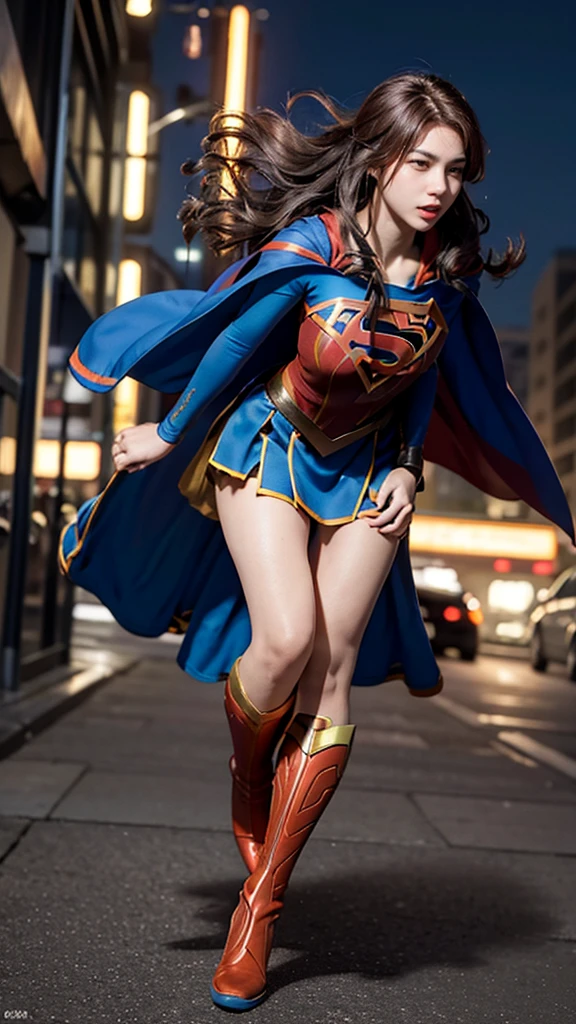 Masterpiece, best quality, NVIDIA RTX, full makeups, extremely beautiful, orange wavy hair, hair blown by winds, sharp picture, cinematic lightning, ((hi-tech futuristic Supergirl)), ((thight Supergirl suit)), ((Supergirl symbol)), ((flying fast)), full of anger,  perfect face, fit body, (cape blown by strong winds:1.3), ((full body)), epic lights reflection, night, smokes, from below