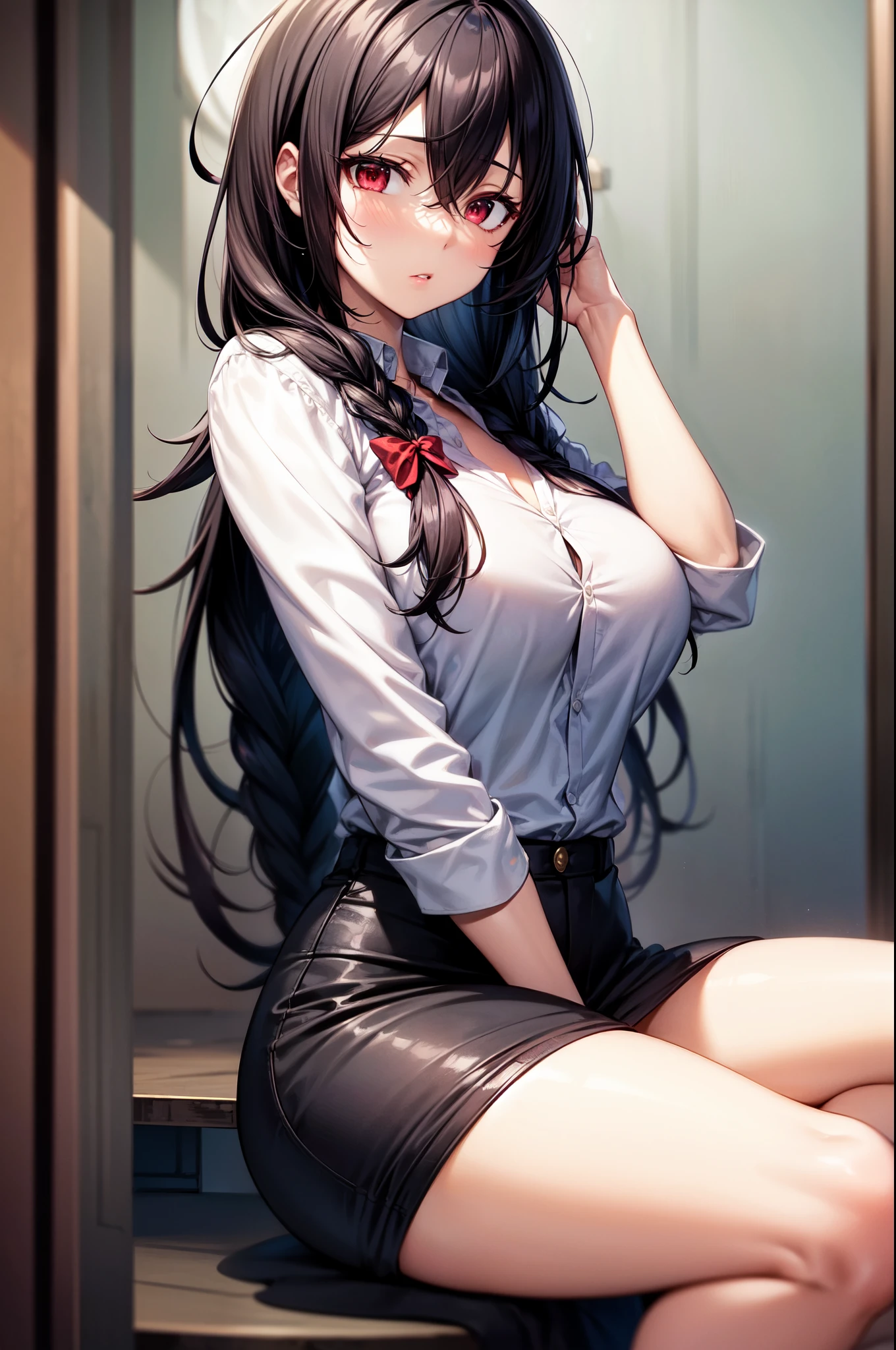 8K, detailed, anime, masterpiece, high quality, highres, best quality, highres, 1girl, disheveled hair, illustration, focus on face, simple background, long hair, socks, black hair, hair between eyes, calm, dress shirt, long bangs, tied hair, braided hair, narrow eyes, ribbons in hair, crimson red eyes, large breasts, breasts, perfect face, perfect legs, no pants, full lips, add_detail:-9