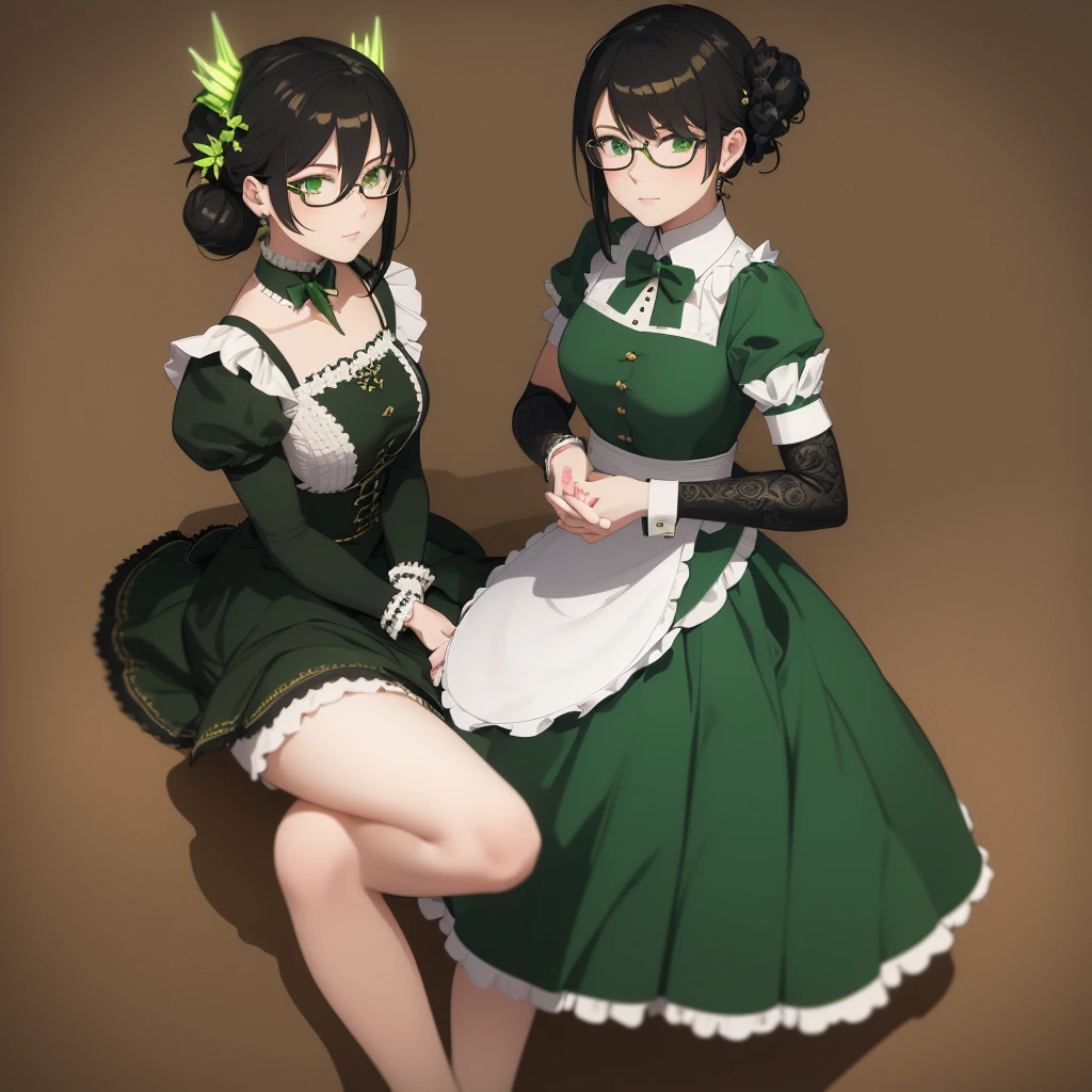 highres, sharp focus, pixiv masterpiece, ((intricate details)), highly detailed, yuri alpha, 1girl, black hair, (green wristband, green gauntlets, spikes,:1.1) glasses, green eyes, maid, single hair bun, dress, choker, bowtie, maid apron, 