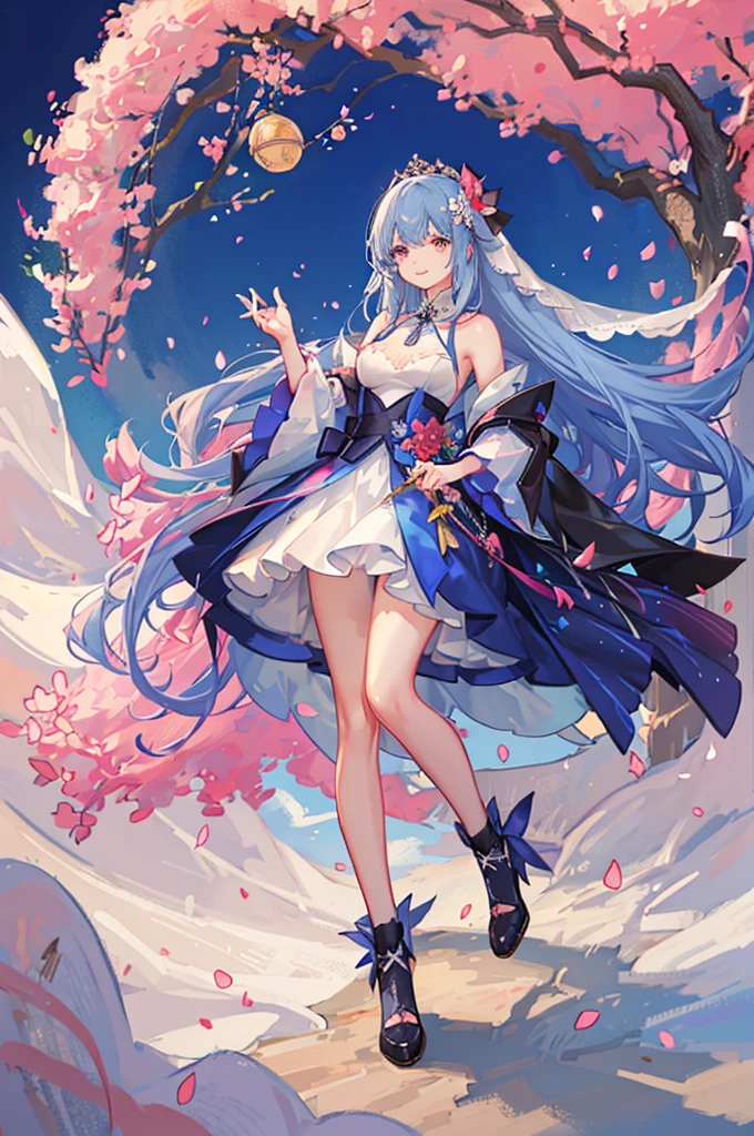 A girl with long blue hair, wearing a long wedding dress, holding a ball of flowers, smiling face, surrounded by falling cherry blossom petals, the colors are magical and shimmering, the effect is magical and filling. remote, panoramic view from afar