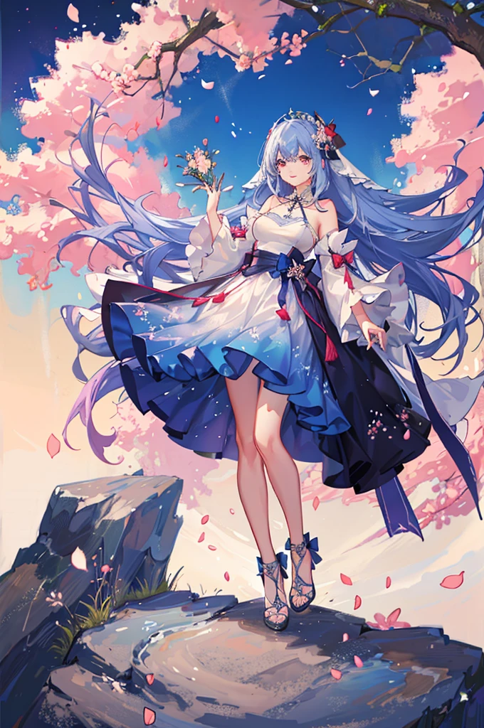 A girl with long blue hair, wearing a long wedding dress, holding a ball of flowers, smiling face, surrounded by falling cherry blossom petals, the colors are magical and shimmering, the effect is magical and filling. remote, panoramic view from afar