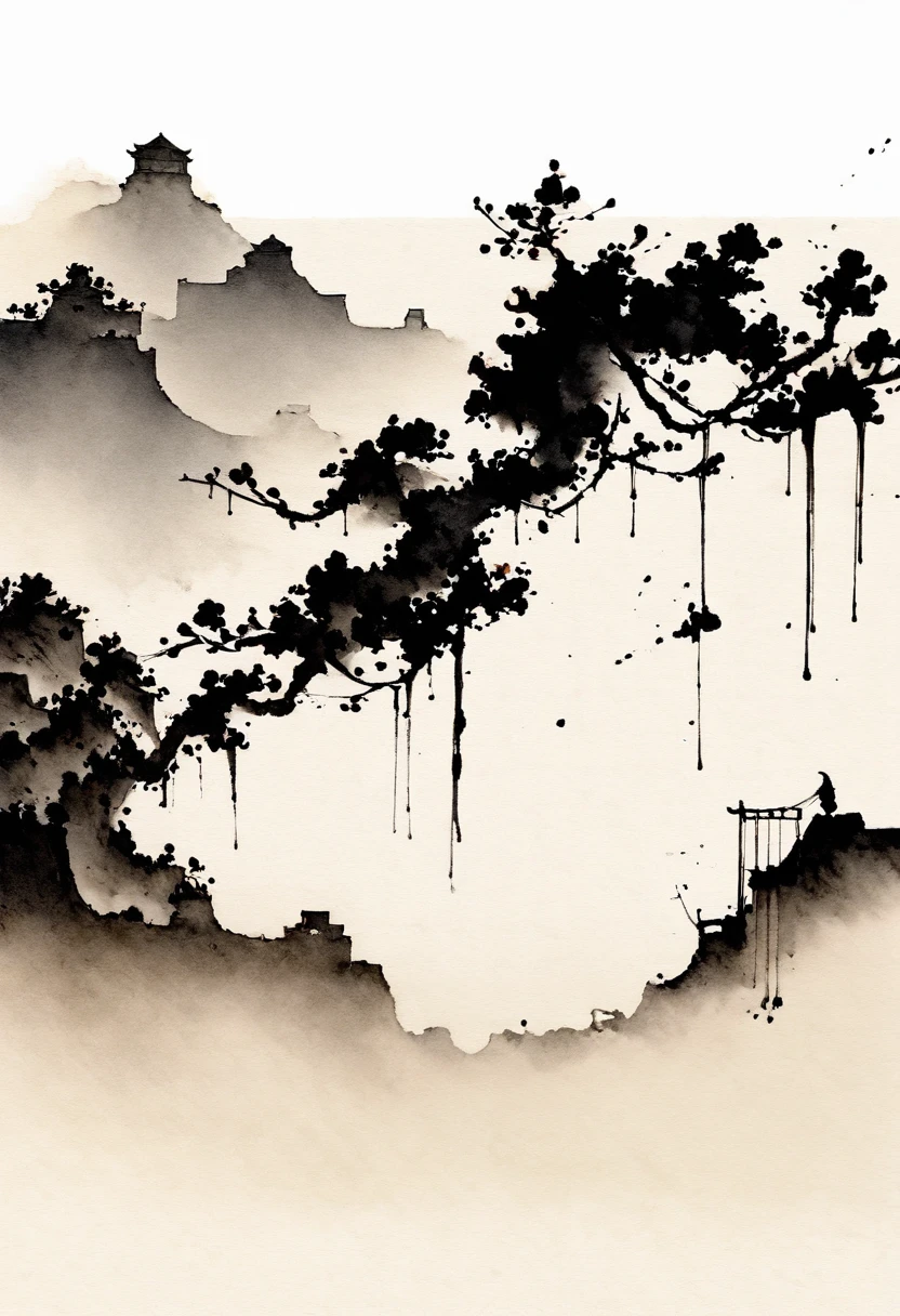 中国Ink Painting, Cyan and White, Minimum, Wire, White background,Great Wall, Minimalism, Wire性风格, Huge negative space, Ink Painting, Abstract,Bloodstained Remnants