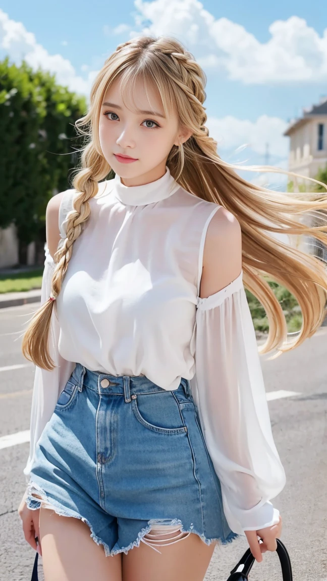 Sexy Big 、Sexy cute looks and cute 15 year old beautiful girl, beautiful and sexy face、A strong wind blows my hair in front of my face、beautiful long blonde French braided hair、beautiful, Cute and sexy eyes hidden behind long bangs