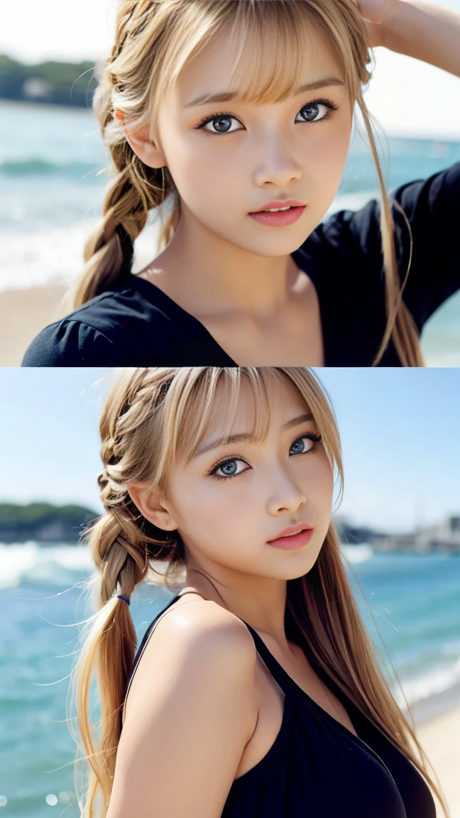 Sexy Big 、Sexy cute looks and cute 15 year old beautiful girl, beautiful and sexy face、A strong wind blows my hair in front of my face、beautiful long blonde French braided hair、beautiful, Cute and sexy eyes hidden behind long bangs