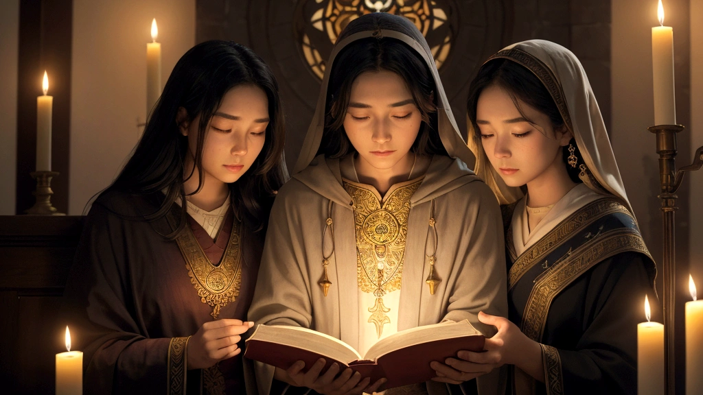 "Description: Illustrate a scene where individuals are inspired and experiencing a deepened understanding of the afterlife. Show diverse characters engaged in study, reflection, and prayer, surrounded by scriptures and symbols that illuminate profound truths about eternal life and resurrection.
Details: Use warm, inviting lighting and serene colors to create an atmosphere of spiritual discovery and enlightenment. Include elements such as open Bibles, candles, and celestial symbols that signify hope and divine presence. Show expressions of awe, revelation, and spiritual growth on the faces of those immersed in their exploration, symbolizing their inspired journey of faith."