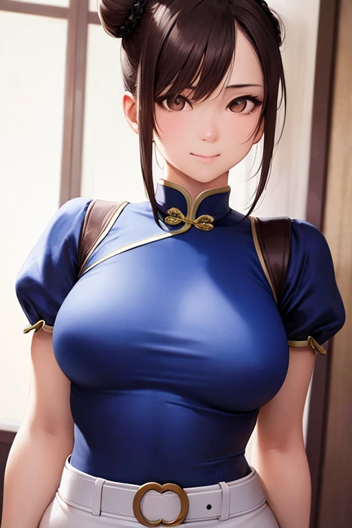 Masterpiece, 1 beautiful girl, fine eyes, puffy eyes, the highest quality, 超high resolution, (reality: 1.4), film lighting, Chun Li, Asian beauty, Chinese, super beautiful, beautiful skin, body facing forward, whole body, (超reality的な), (high resolution), (8K), (very detailed), (美しくfine eyes), (super detailed), (wall), detailed face, bright lighting, professional lighting, looking at the viewer, looking forward, slanted bangs, masterpiece, the highest quality, masterpiece, the highest quality, perfect face, perfect brown eyes with white sclera, single, 1 girl, upper body, brown hair, Chinese service, smile, wide hips, muscular woman, big legs, blue qipao, white belt, brown pants, pelvic curtain, puffy short sleeves, bun cover, girdle, evaluation: safety