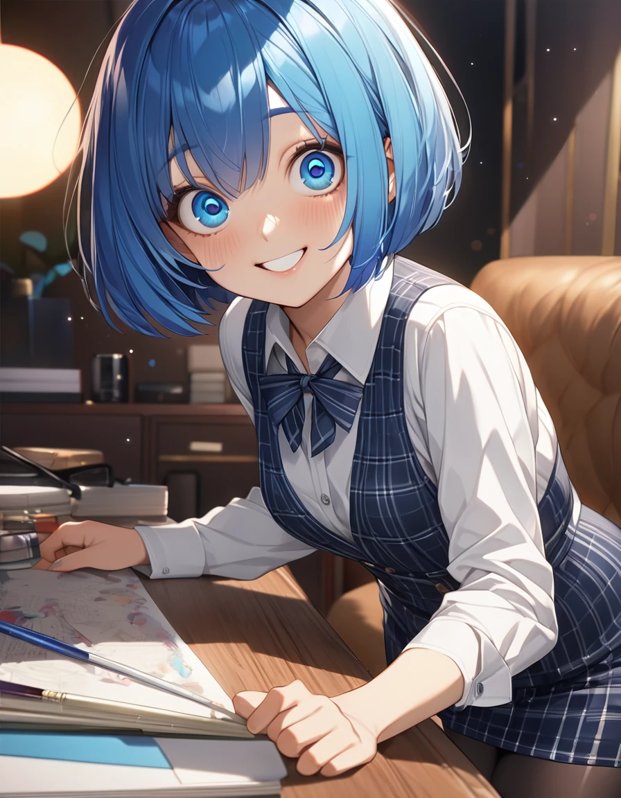 (Highest qualityのイラスト:1.2), (pretty girl:1.1), (1 girl、、Highest qualityのイラスト:1.2), (1 girl、smile、Big eyes)、((Bright blue hair:1.2))、Short Bob Hair、(Highest quality、Very detailed、Very detailed and beautiful、Ultra-high resolution) 、BREAK wearing a [[white and gray plaid pattern]] vest over a long sleeve white collared-shirt), (buttoned gray vest:), (tight black pencil skirt), (pantyhose),office、Front facing、smile、