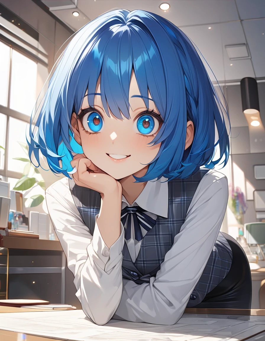 (Highest qualityのイラスト:1.2), (pretty girl:1.1), (1 girl、17 years old、Highest qualityのイラスト:1.2), (1 girl、smile、Big eyes)、((Bright blue hair:1.2))、Short Bob Hair、(Highest quality、Very detailed、Very detailed and beautiful、Ultra-high resolution) 、BREAK wearing a [[white and gray plaid pattern]] vest over a long sleeve white collared-shirt), (buttoned gray vest:), (tight black pencil skirt), (pantyhose),office、Front facing、smile、
