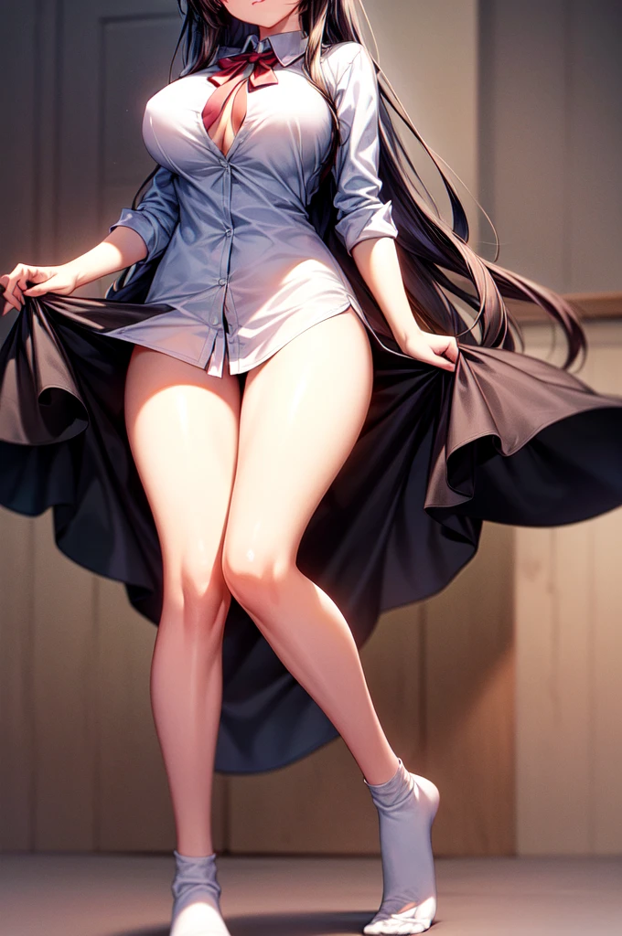8K, detailed, anime, masterpiece, high quality, highres, best quality, highres, 1girl, disheveled hair, illustration, focus on face, simple background, long hair, socks, black hair, hair between eyes, calm, dress shirt, long bangs, tied hair, braided hair, narrow eyes, ribbons in hair, crimson red eyes, large breasts, breasts, perfect face, perfect legs, no pants, full lips, add_detail:-3