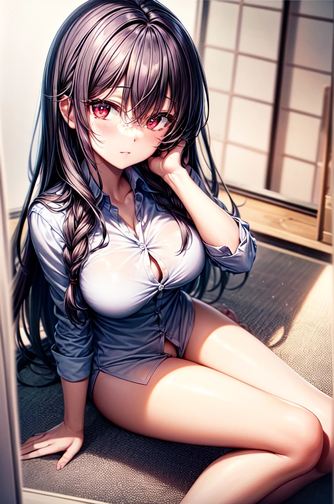 8K, detailed, anime, masterpiece, high quality, highres, best quality, highres, 1girl, disheveled hair, illustration, focus on face, simple background, long hair, socks, black hair, hair between eyes, calm, dress shirt, long bangs, tied hair, braided hair, narrow eyes, ribbons in hair, crimson red eyes, large breasts, breasts, perfect face, perfect legs, no pants, full lips, add_detail:-3