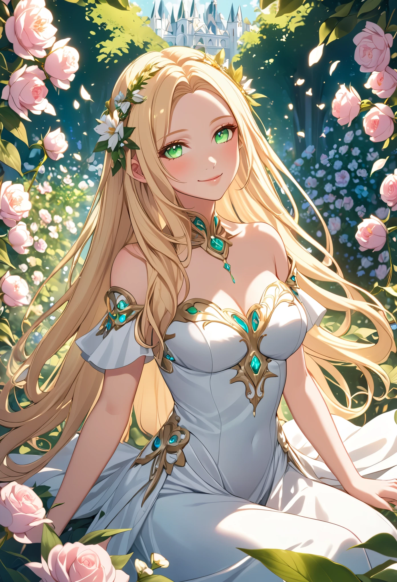 8K, Super detailed, high quality, A woman with a goddess-like smile,euphilia, One Girl,Anime girl with long blonde hair and dark turquoise eyes in a white dress,  Glowing green eyes,  sitting in a garden full of flowers, Wearing an elegant dress, Decorate your hair with flowers, Magic