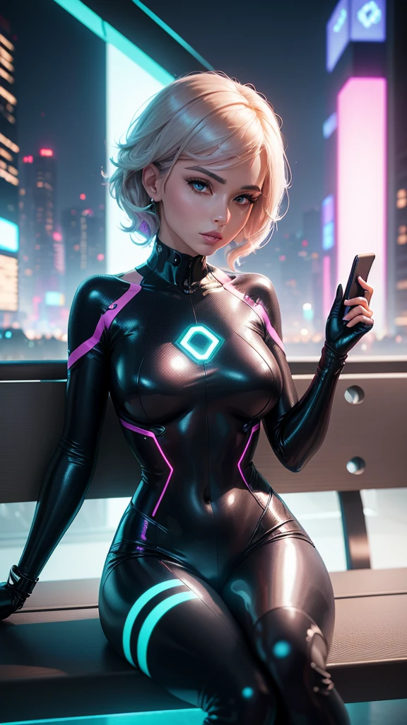 A highly productive woman with a seductive figure is sitting on a bench in a futuristic city park in the year 2050, holding a holographic tablet, with a backdrop of minimalist buildings and neon trees. The camera faces her directly, highlighting her focused expression.