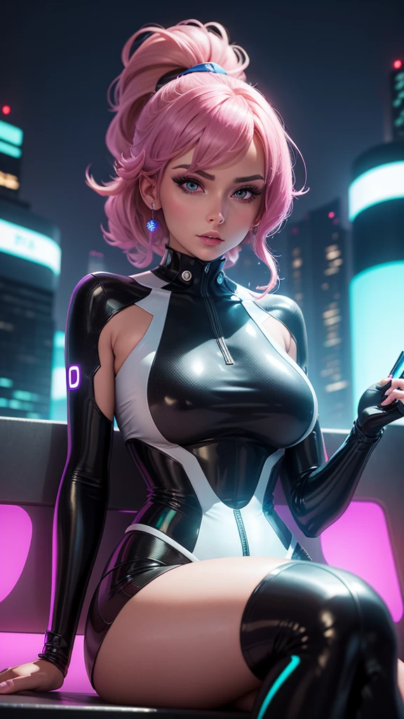 A highly productive woman with a seductive figure is sitting on a bench in a futuristic city park in the year 2050, holding a holographic tablet, with a backdrop of minimalist buildings and neon trees. The camera faces her directly, highlighting her focused expression.