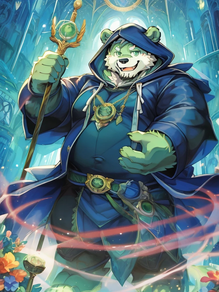 anthro, kemono, male, solo, ((round face, very plump face, thick beard)), (((dark beard))), ((endomorph body type, old-aged)), ((green bear, bear) fluffy fur, fluffy), (at old ruin, dungeons), bokeh, (high quality, highres, masterpiece), (dynamic lighting, vivid color), (generous smile), (face focus), front view (close up), cartoon, (((green bear))), (((green fur))), green hair, beard, white eyebrows, bald, detailed red eyes, tall, steel mage staff, magic, (black t-shirt inside), (((white robe coat with hood))), by zixiong, by takemoto arashi, by zixiong, (by null-ghost:0.8), (by t.y.stars:0.4), an older man(European medieval magician)，Holding staff，Stand in the magic array，releasing magic，surrounded by fire and ice。Medium shot composition，full body pictures，Characters and scenes，Anime illustration style，watercolor style，HD，4K。