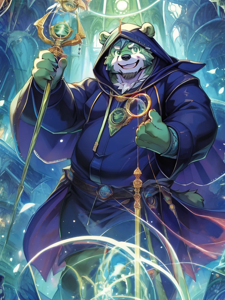 anthro, kemono, male, solo, ((round face, very plump face, thick beard)), (((dark beard))), ((endomorph body type, old-aged)), ((green bear, bear) fluffy fur, fluffy), (at old ruin, dungeons), bokeh, (high quality, highres, masterpiece), (dynamic lighting, vivid color), (generous smile), (face focus), front view (close up), cartoon, (((green bear))), (((green fur))), green hair, beard, white eyebrows, bald, detailed red eyes, tall, steel mage staff, magic, (black t-shirt inside), (((white robe coat with hood))), by zixiong, by takemoto arashi, by zixiong, (by null-ghost:0.8), (by t.y.stars:0.4), an older man(European medieval magician),Holding staff,Stand in the magic array,releasing magic,surrounded by fire and ice。Medium shot composition,full body pictures,Characters and scenes,Anime illustration style,watercolor style,HD,4K。
