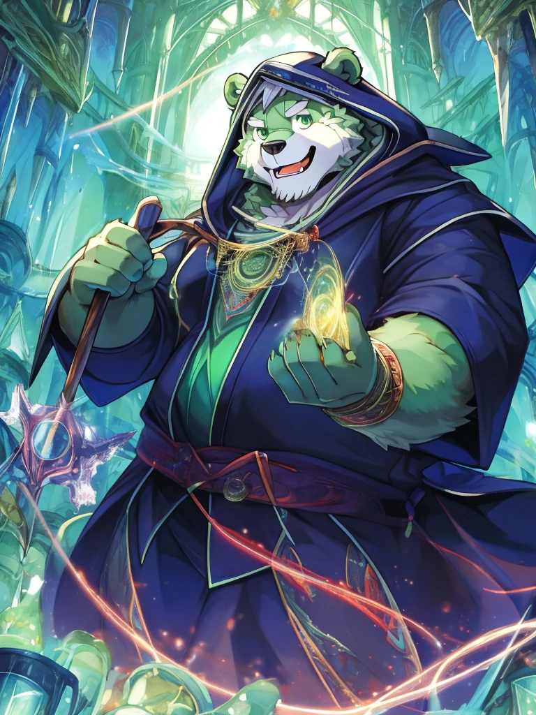 anthro, kemono, male, solo, ((round face, very plump face, thick beard)), (((dark beard))), ((endomorph body type, old-aged)), ((green bear, bear) fluffy fur, fluffy), (at old ruin, dungeons), bokeh, (high quality, highres, masterpiece), (dynamic lighting, vivid color), (generous smile), (face focus), front view (close up), cartoon, (((green bear))), (((green fur))), green hair, beard, white eyebrows, bald, detailed red eyes, tall, steel mage staff, magic, (black t-shirt inside), (((white robe coat with hood))), by zixiong, by takemoto arashi, by zixiong, (by null-ghost:0.8), (by t.y.stars:0.4), an older man(European medieval magician),Holding staff,Stand in the magic array,releasing magic,surrounded by fire and ice。Medium shot composition,full body pictures,Characters and scenes,Anime illustration style,watercolor style,HD,4K。
