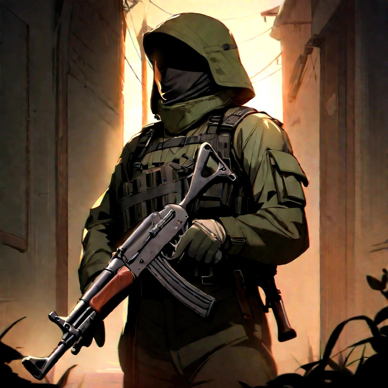 masterpiece, best quality, 1boy, cowboy shot, delicate eyes, military uniform,  AK-47, AKM, kalashnikov_rifle, assault_rifle, holding_gun