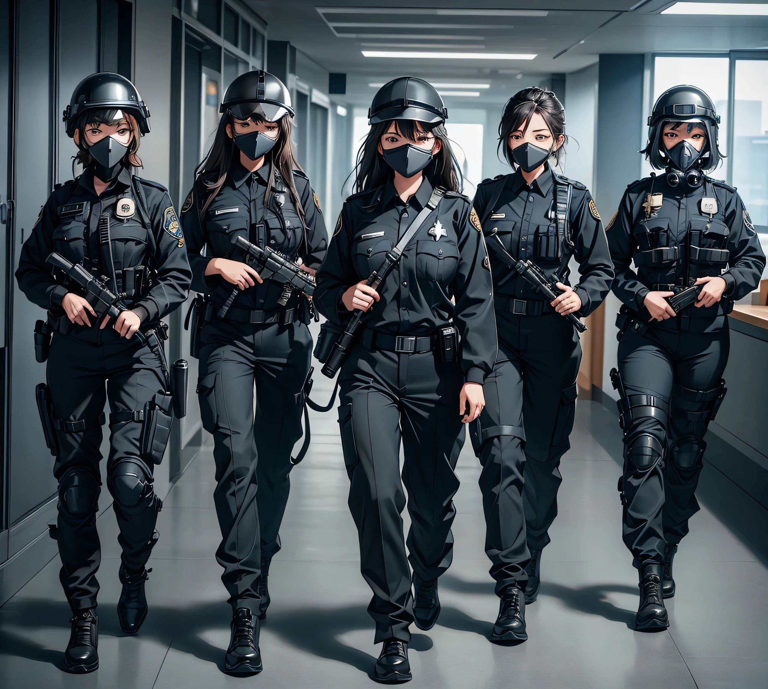 A group of female police officers all in black uniforms、Full helmet、Pants、Gas Mask、Goggles、Inside the hospital、masterpiece、best quality、Highly detailed CG、8K picture quality
