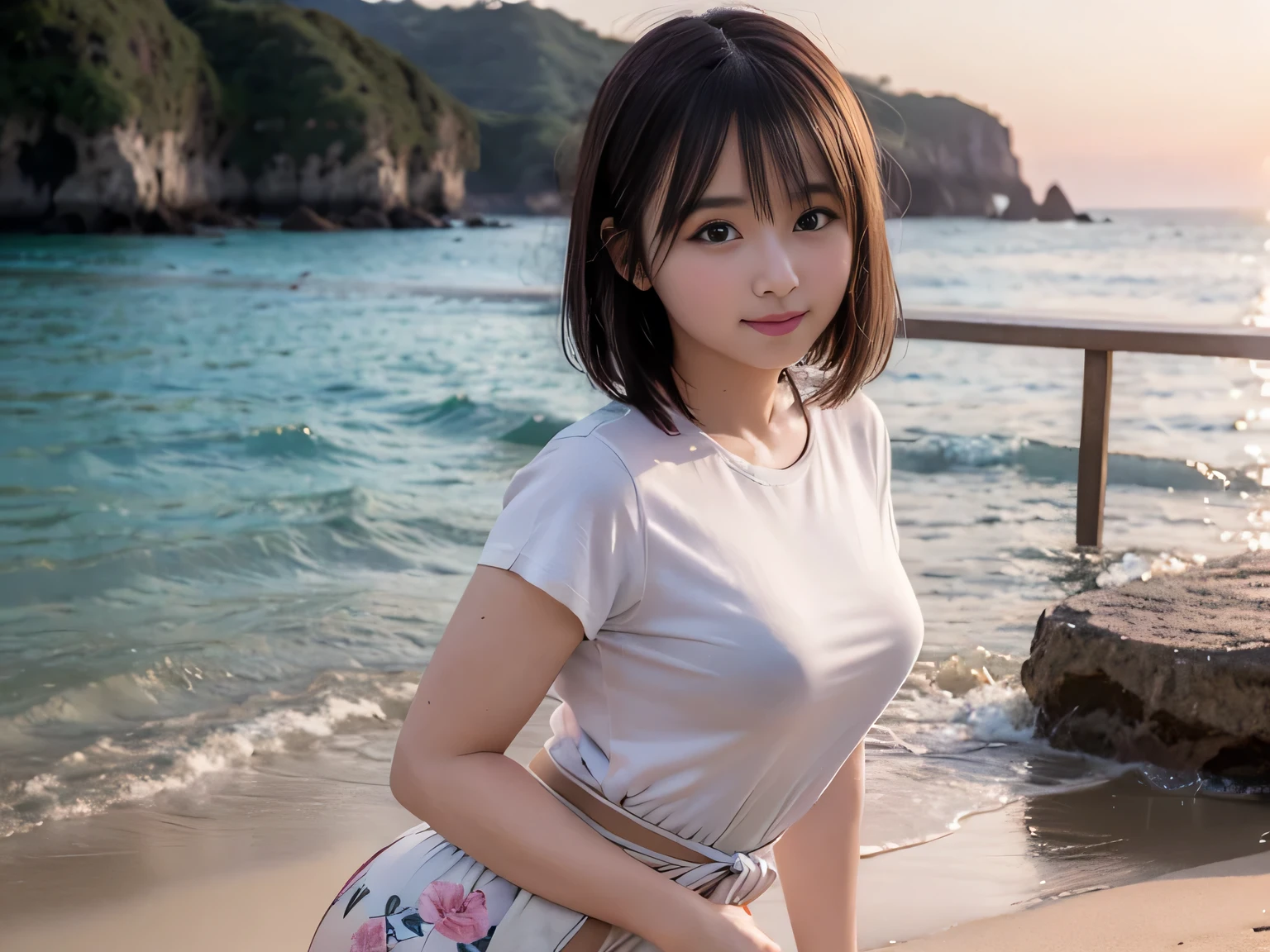 Sea view, Blake Background Only Rock Formation:1.6, Break Foreground only Sandy beach :1.6, evening, sunset, Ocean Waves, Water reflection, Anatomically completely correct:1.6, ((1 Japanese girl)), Very short bob cut:1.2, blush, Shyly, , Open the mouse a little, Showing off slightly swollen lower buttocks from medium ASS,(beach shorts), (T-shirt waist length:1.4),( Floral clothes)、 Blake Beautiful Ass, Brown Hair, Wet Hair, Hilarious:1.0, smile:1.0, Ecstasy:1.0, [[Puff out your cheeks]], smile、 Dynamic Angle,, whole body, SFW:1.2, break , RAW Photos, Highest quality, masterpiece, Realistic, PhotoRealistic, Highly detailed 8k wallpaper, Beautiful and detailed eyes, Detailed painted face, High key lighting, Professional Lighting, Cinema Lighting, Side Lighting, Bokeh、((One person))、