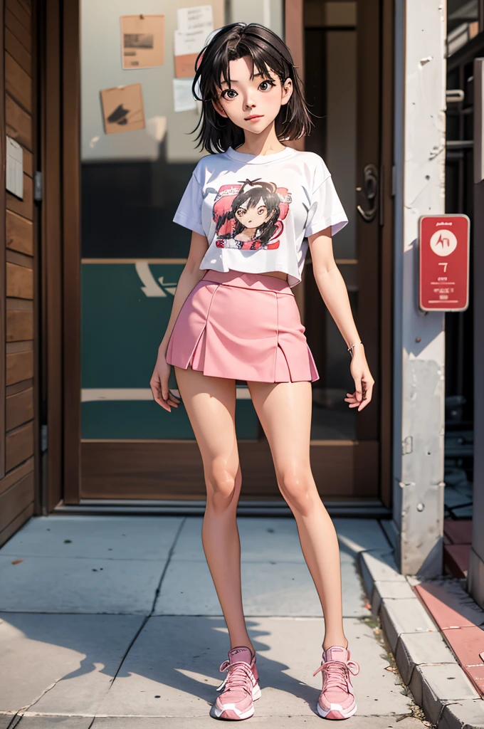 (masterpiece, best quality), 1girl, ayumiyoshida. Full body. Mini skirt. Loose pink t-shirt