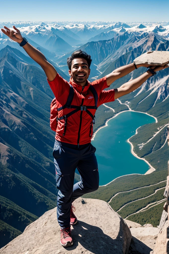 [Next frame shows the person reaching a breathtaking summit view, with a wide smile of accomplishment.]
