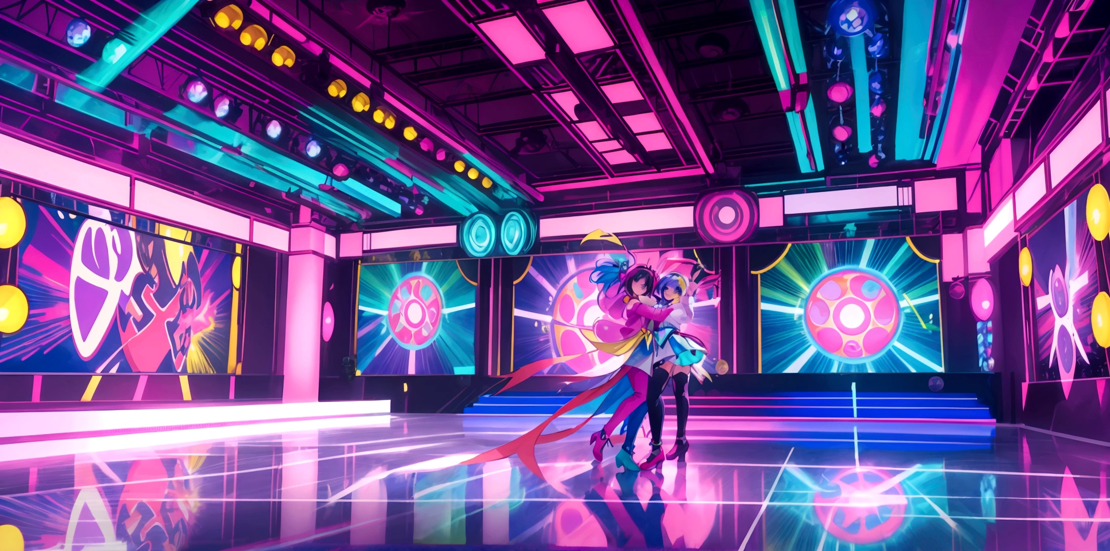 A vibrant and colorful anime-style dance floor scene. The background features bright neon lights and a lively atmosphere. The setting includes shining disco balls and colorful lights painting the floor, creating a sense of celebration and happiness. The scene captures the essence of a joyful and upbeat dance party, with a magical and festive environment. The dance floor is illuminated with bright colors, creating a dreamlike and energetic vibe.