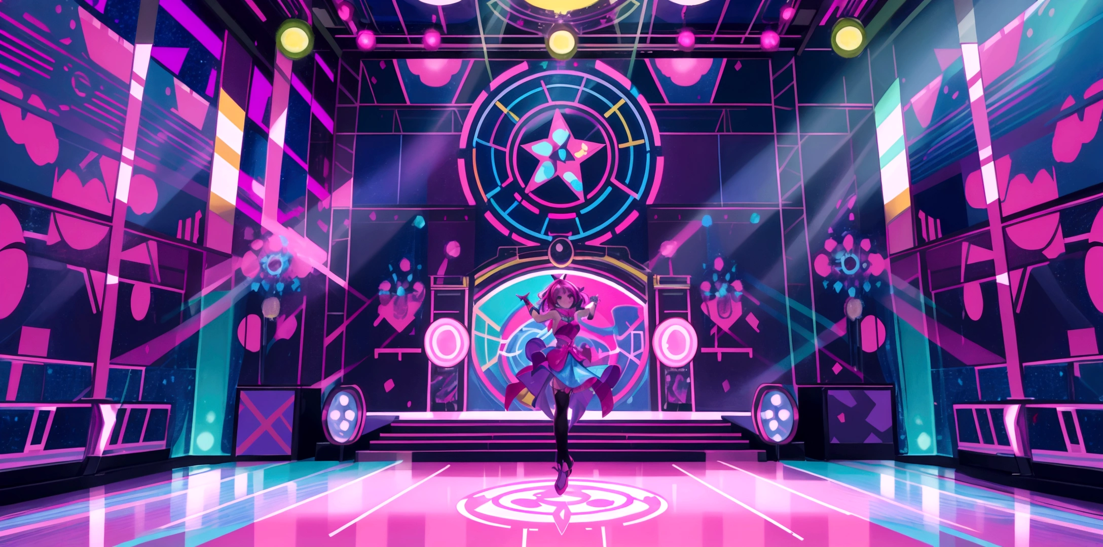 A vibrant and colorful anime-style dance floor scene. The background features bright neon lights and a lively atmosphere. The setting includes shining disco balls and colorful lights painting the floor, creating a sense of celebration and happiness. The scene captures the essence of a joyful and upbeat dance party, with a magical and festive environment. The dance floor is illuminated with bright colors, creating a dreamlike and energetic vibe.