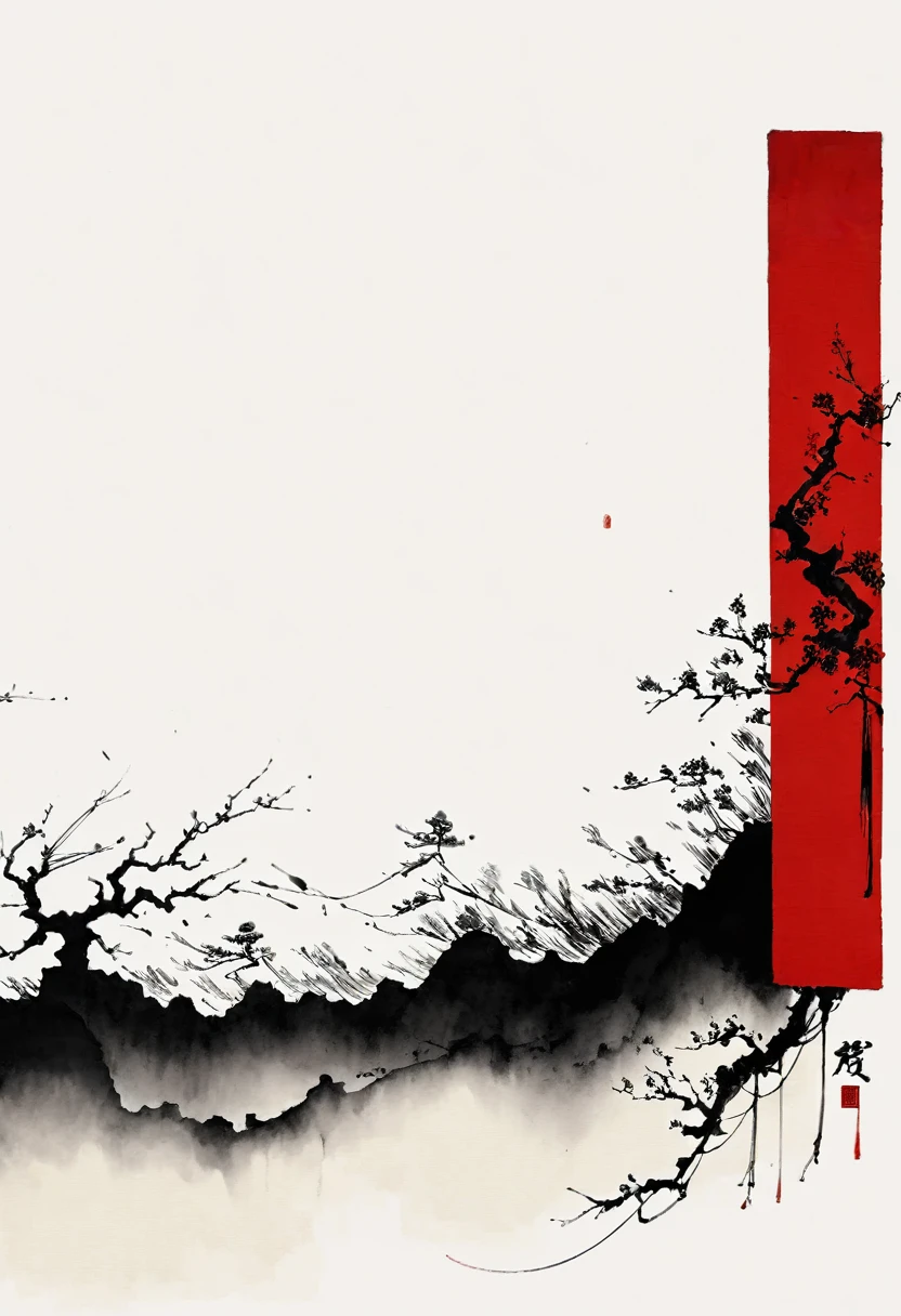 中国Ink Painting, Gray and White, Minimum, Wire, White background,Great Wall, Minimalism, Wire性风格, Huge negative space, Ink Painting, Abstract,Bloodstained Remnants