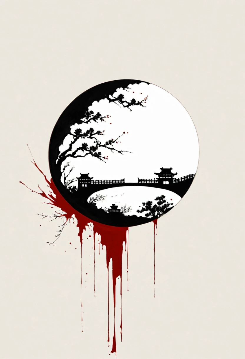 中国Ink Painting, Gray and White, Minimum, Wire, White background,Great Wall, Minimalism, Wire性风格, Huge negative space, Ink Painting, Abstract,Bloodstained Remnants