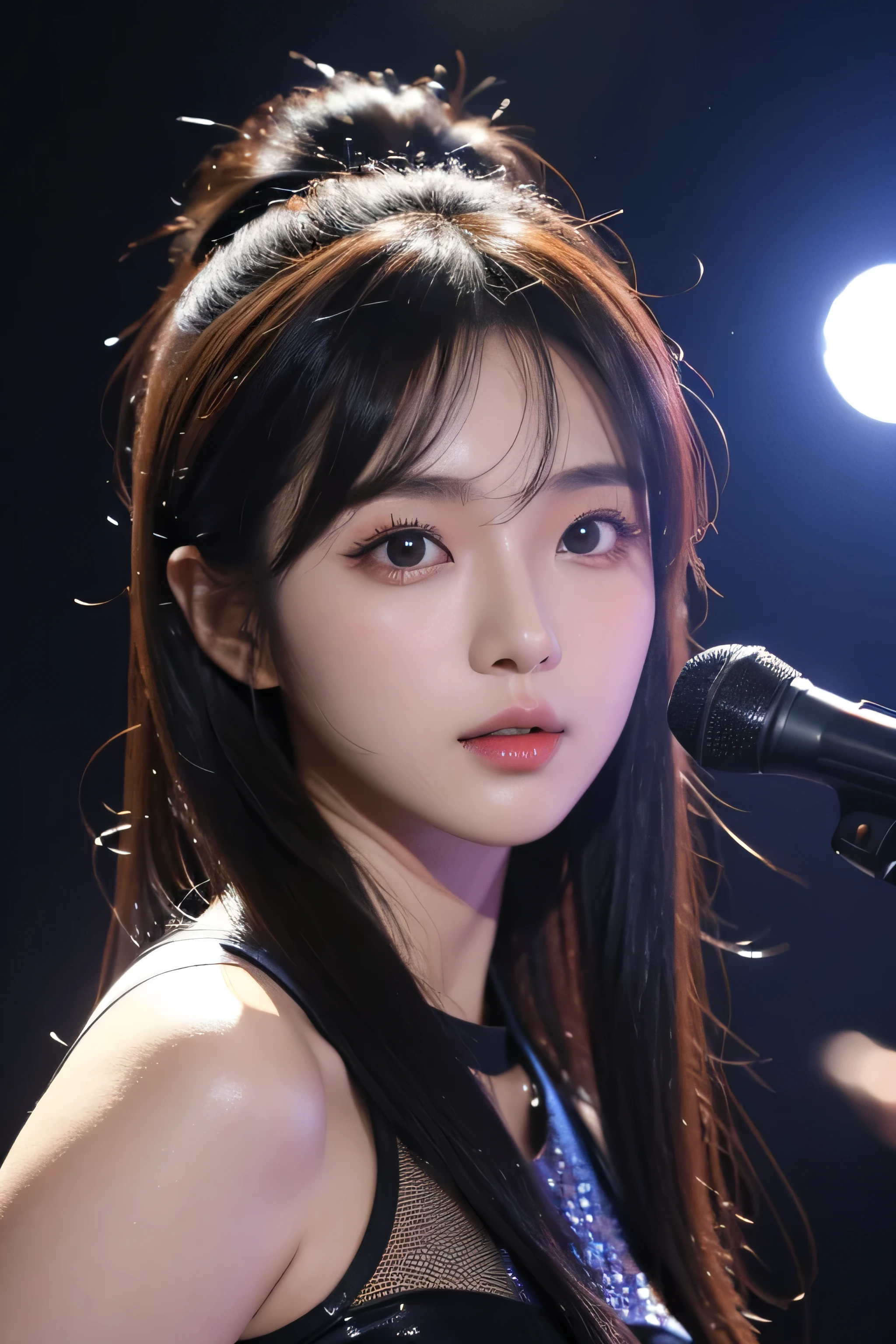 front shot, Korean female singer in her 20s, Closeup, movie film lighting, gorgeous stage lighting, detail, high quality,