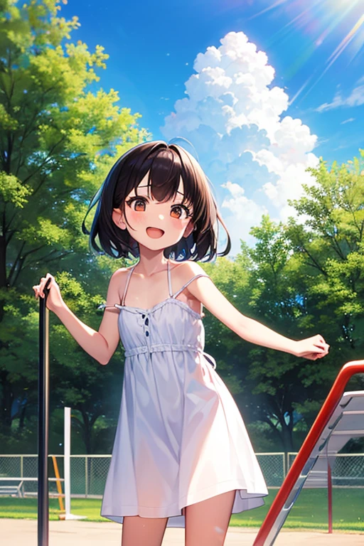 masterpiece, extra limbs, 1girl,8years old, black straight hair, tareme brown eyes, (((delighted))), white sundress strap slip,standing,spread arms, playground equipment,high angle,pov