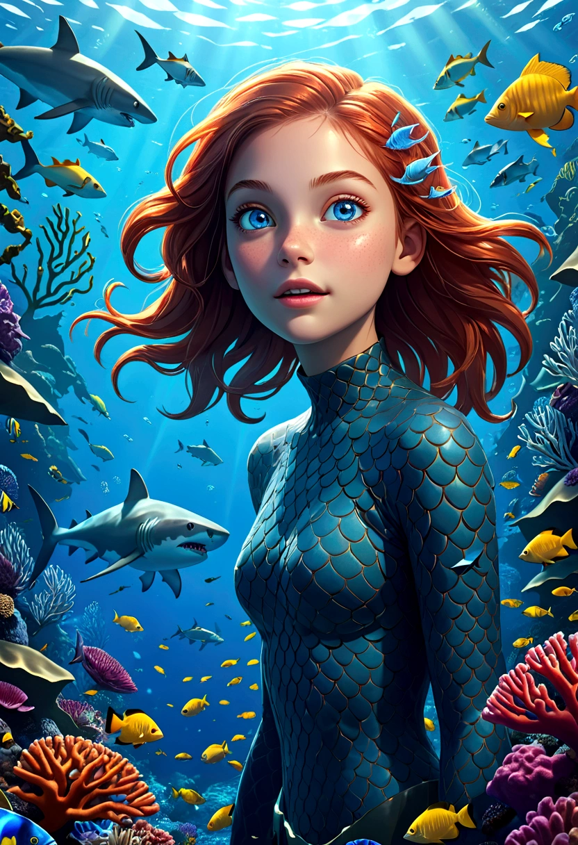 a beautiful girl with shark-like features, glowing blue eyes, sharp teeth, scaly skin, floating in an underwater fantasy scene with kelp, coral, and schools of tropical fish, detailed realistic 3d render, cinematic lighting, vivid colors, concept art style