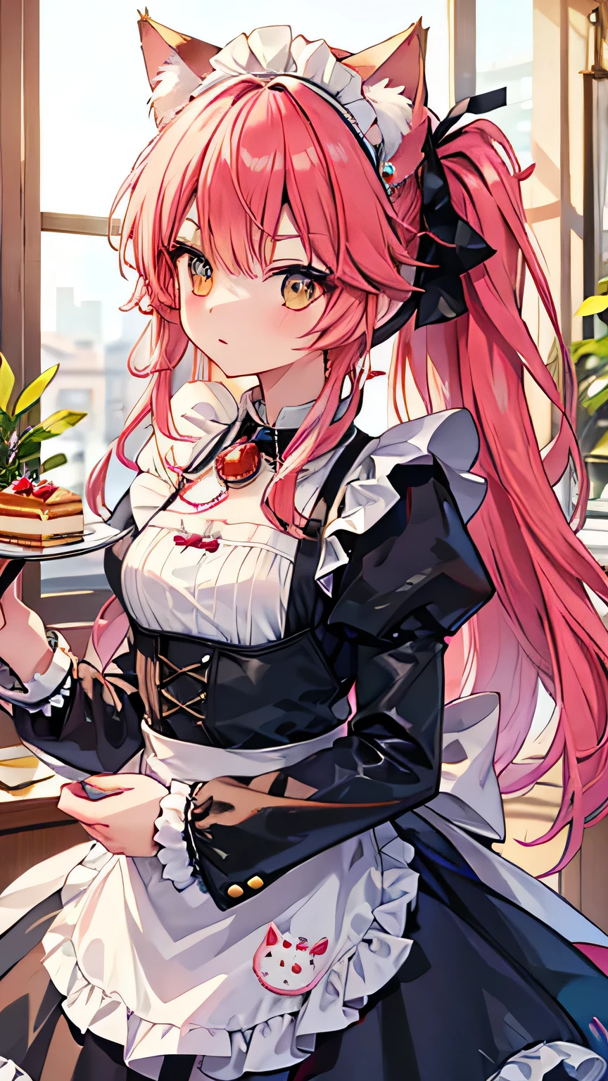 multicolored hair, rainbow hair, blunt bangs, bangs, long hair, hair bow, bead necklace, cat ears, sparkle, reflection light, anatomically correct, high details, best quality, highres, high quality, textured skin, super detail, award winning, 16k, Maid, maid outfit, maid cafe, Victorian mansions, frilly aprons,