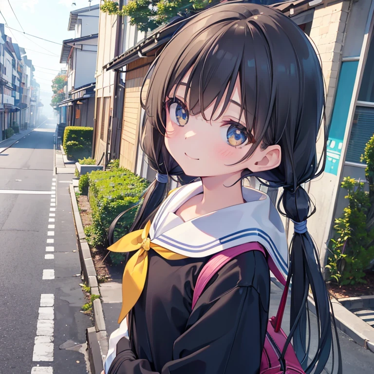 1girl, standing, head tilt,
(downhill, sloped road), wide single road in Japan, (sea in distance:1.4), (port city:1.2), cityscape in distance,
gentle smile, ,
(brown eye),
(low twintails girl), low pigtails, black hair, very long hair,
long sleeves, navy-blue serafuku with blue ribbon, navy-blue ,
1 school bag on right shoulder,
city area, stylish, urban,
electric pole, white line on the road, tree on side, white residences on side,
gantry crane, afternoon, spring, superb view,
from front, from a little above,
anime, high brightness, detailed face, detailed eyes,
high quality, ultra detailed, masterpiece, FHD