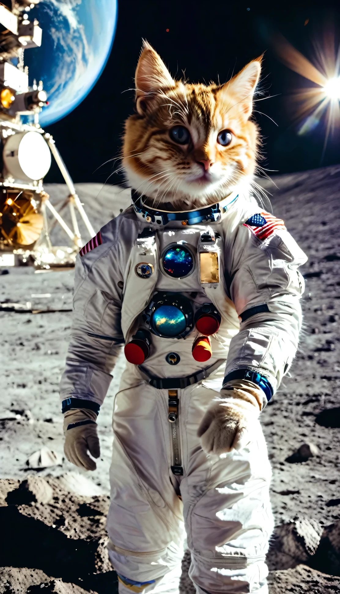 A cat in a spacesuit landed on the moon。Earth in the background。