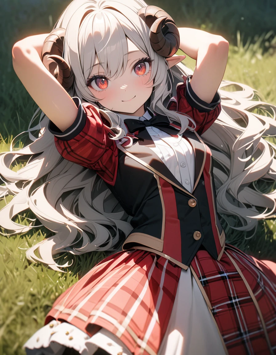(8K, best quality, master piece: 1.2), super high resolution,1 girl,solo,,ultra-detailed face,detailed eyes,Sheep’s horns attached to the head,Long hair,silverhair,wavy hair,mascara,plaid pattern short sleeve bourdeax idol costume,Standing,arms behind head,smile,red eyes,(lying on one’s back, arms raised in the air),rim light,outdoors Grassland