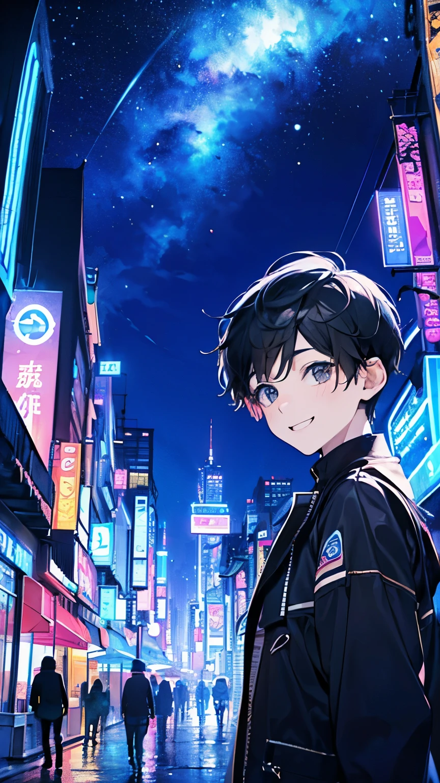 (brush),((cute,kawaii,wonderland)),(A big smile),((boy,Shota,juvenile:1.2)),((Street dancer in a futuristic city:1.25)),Angle from below,Angle of incitement,((Stroll along the stardust road)),(Short Hair:1.3),Close-up of face.