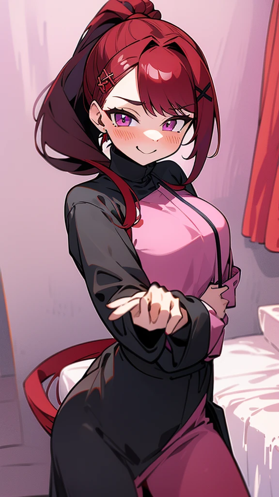 high tail hairstyle, Ponytail hairstyle, Long wavy black hair, standing posing, anime girl style, pixel art anime style,penetrating look with deep eyes,red and purple eyes, hair with a ponytail hairstyle trapped with a big red bun, Women, red hair clips, x color shaped hair clips , smiling face blush, In his bedroom