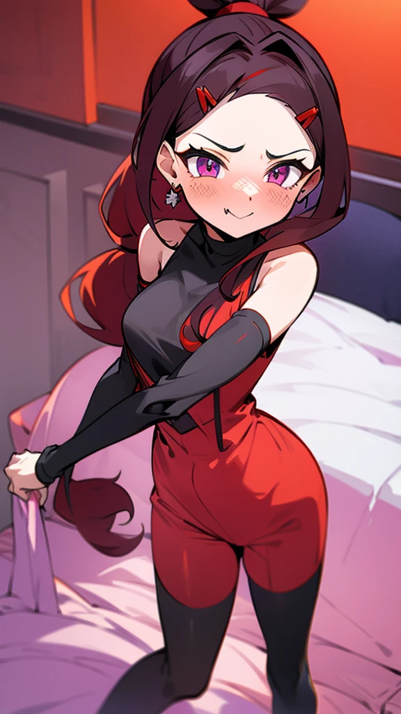 high tail hairstyle, Ponytail hairstyle, Long wavy black hair, standing posing, anime girl style, pixel art anime style,penetrating look with deep eyes,red and purple eyes, hair with a ponytail hairstyle trapped with a big red bun, Women, red hair clips, x color shaped hair clips , smiling face blush, In his bedroom