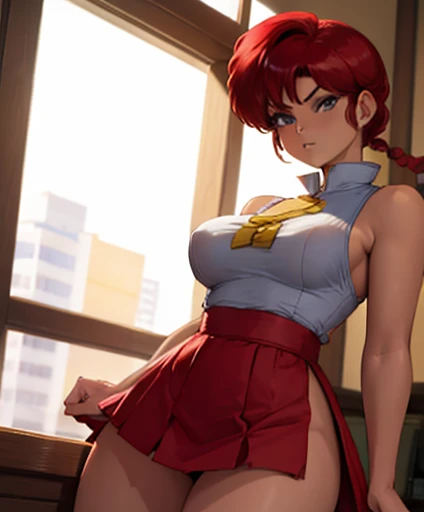 womanranma, braided ponytail, beautiful girl, stand alone, miniskirt, super tight bra, medium breasts, breasts shining in the sunlight, big thighs, thighs glowing from lighting, low back focus