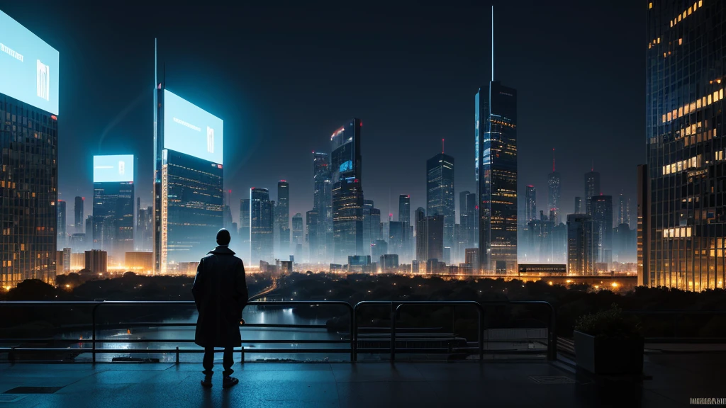 (best qualityer, very detailed) "In a minimalist way, A futuristic city with few buildings and more forests and illuminated technology parks. A lonely person, dressed in a simple and technological way, observes the urban landscape with a mix of admiration and melancholy. The scenario must reflect both technological advancement and dystopian aspects of the future."