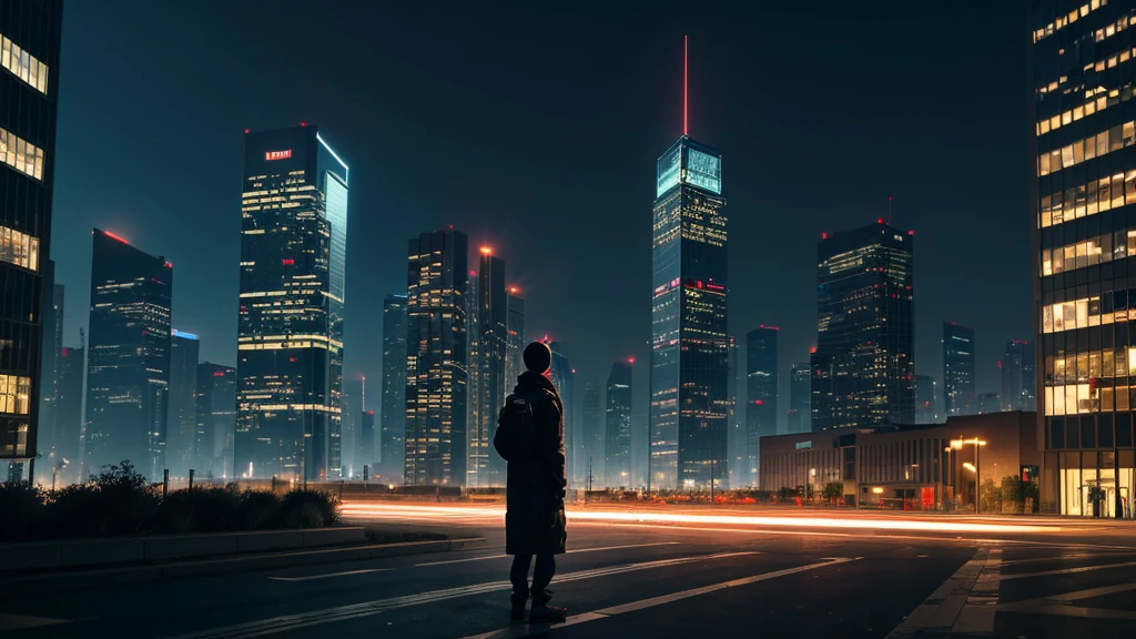 (best qualityer, very detailed) "In a minimalist way, A futuristic city with few buildings and more forests and illuminated technology parks. A lonely person, dressed in a simple and technological way, observes the urban landscape with a mix of admiration and melancholy. The scenario must reflect both technological advancement and dystopian aspects of the future."