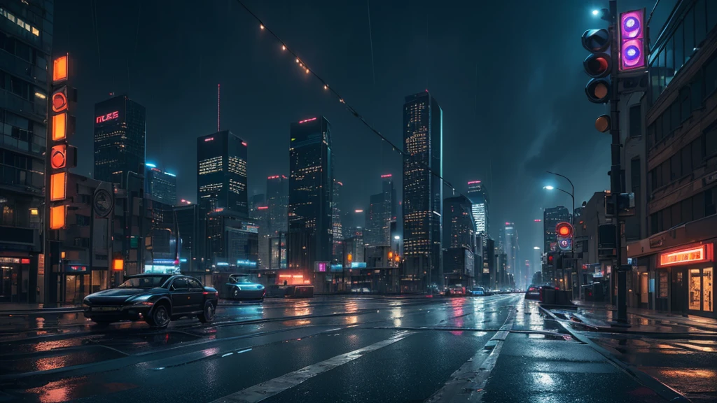photorealistic detailed cityscape, (deserted city), unmanned crossroads, ((no car:1.5, no peaple:1.5)), urban landscape, tall skyscrapers, neon lights, rainy weather, wet streets,, night sky, full moon, one bright star, cinematic composition, dramatic lighting, highly realistic, 4k, best quality, masterpiece
