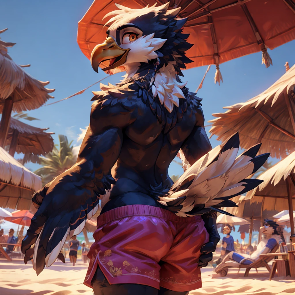 ,4k, 8k, raytracing, photorealistic, realistic, shaded, extreme detail quadruped, detail, detailed, extreme detail, 8k, real, realistic, crisp, sharp, high quality, shadows, raytracing, volumetric light, bloom by nurinaki, beach, (solo), girly, femboy, male, tail up, tailfeathers, feminine body, rear view, presenting butt, twink, thights, grabbing butt, spreading cheeks, surprised, horny, white eagle, avian, bird, orange beak, brown eyes, masterpiece, best quality, beautiful eyes, looking at viewer, swimtrunks, topless,